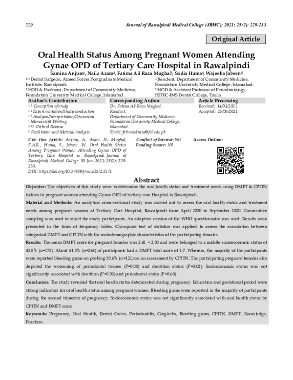 (PDF) Oral Health Status Among Pregnant Women Attending Gynae OPD of ...