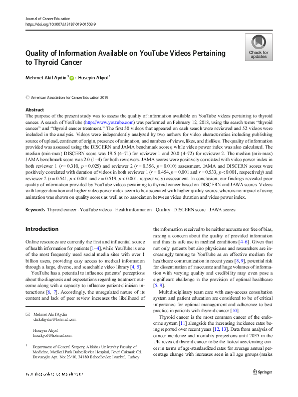 (PDF) Quality of Information Available on YouTube Videos Pertaining to ...