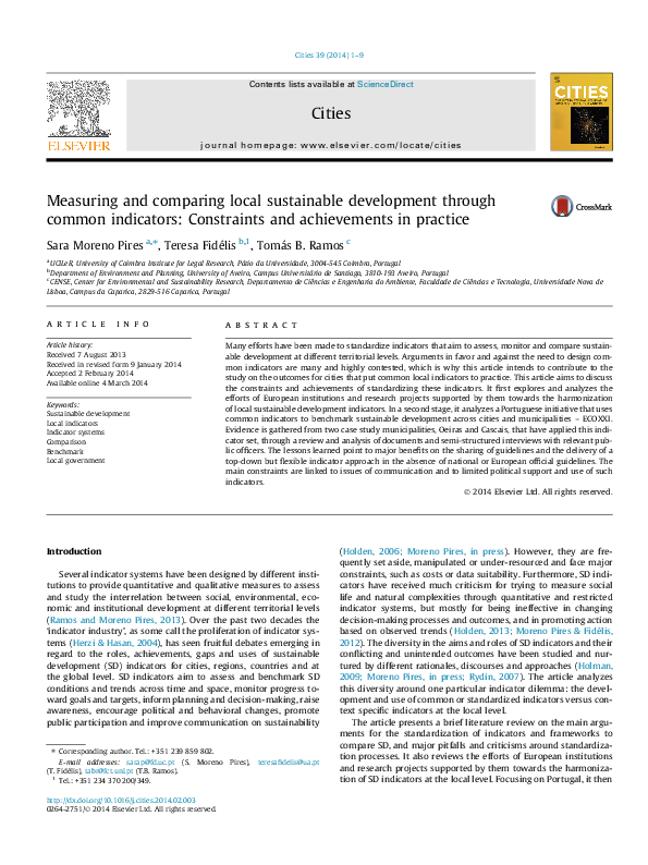 (PDF) Measuring and comparing local sustainable development through