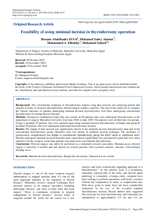 (PDF) Feasibility of using minimal incision in thyroidectomy operation