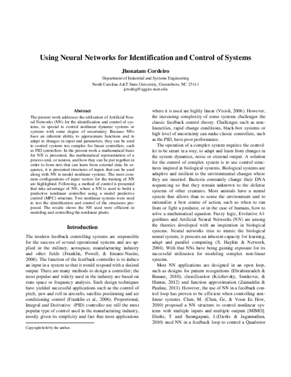 (PDF) Using Neural Networks for Identification and Control of Systems