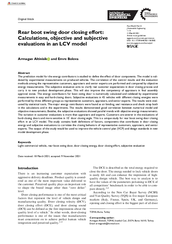 (PDF) Rear boot swing door closing effort Calculations, objective and