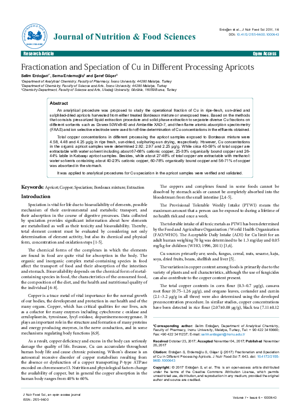 (PDF) Fractionation and Speciation of Cu in Different Processing Apricots