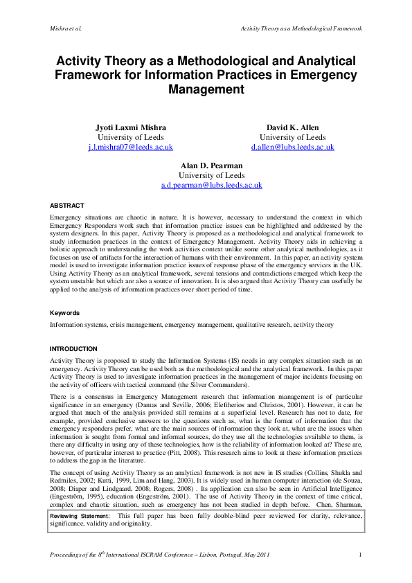 (PDF) Activity Theory as a Methodological and Analytical Framework for ...