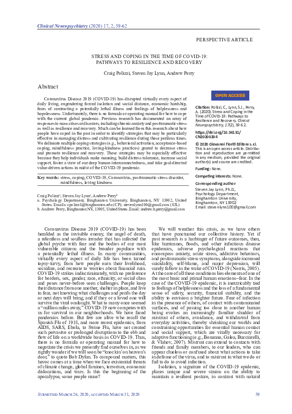 (PDF) Stress and Coping in the Time of Covid-19: Pathways to Resilience ...