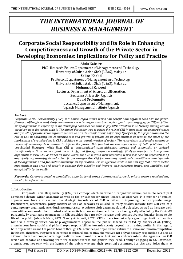 (PDF) Corporate Social Responsibility and Its Role in Enhancing ...
