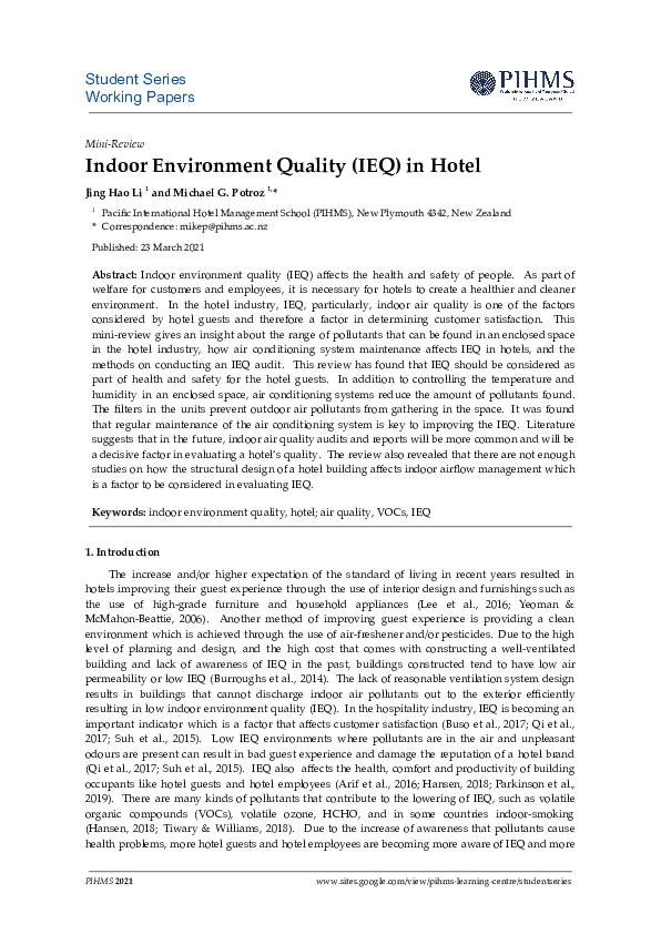 (PDF) Indoor Environment Quality (IEQ) in Hotel