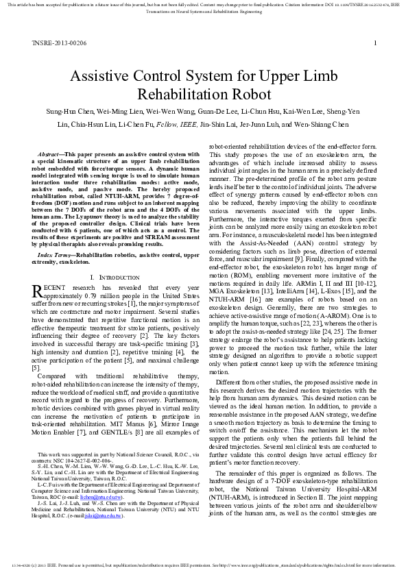 (PDF) Assistive Control System for Upper Limb Rehabilitation Robot