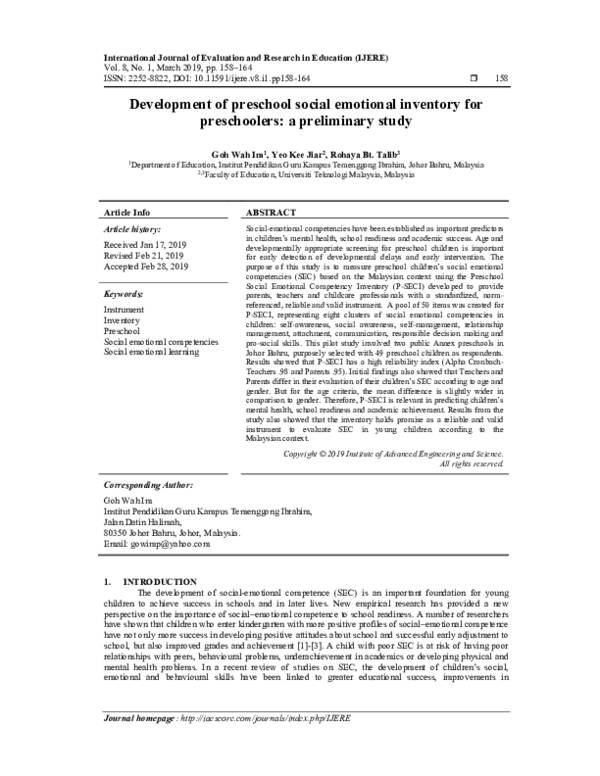(PDF) Development of preschool social emotional inventory for ...