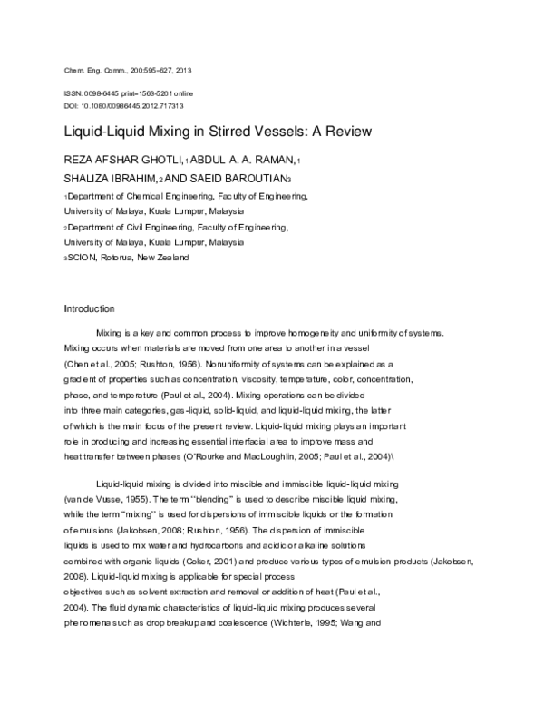 (PDF) LiquidLiquid Mixing in Stirred Vessels A Review Abdul Aziz