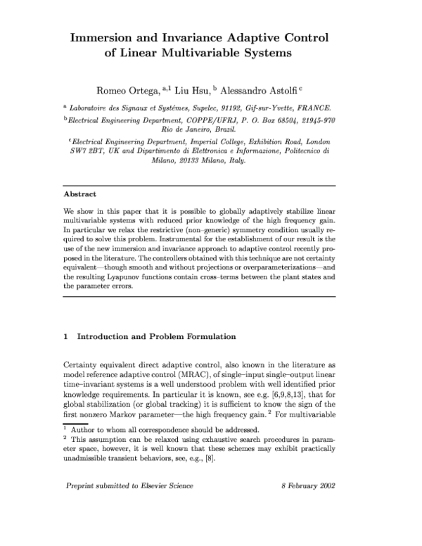 (PDF) Immersion and invariance adaptive control of linear multivariable ...