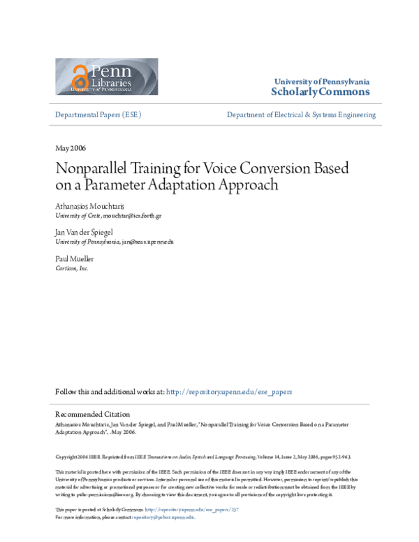 (PDF) Nonparallel training for voice conversion based on a parameter ...