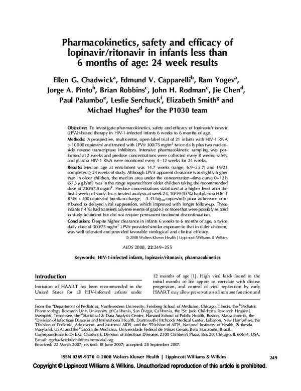 (PDF) Pharmacokinetics, safety and efficacy of lopinavir/ritonavir in ...