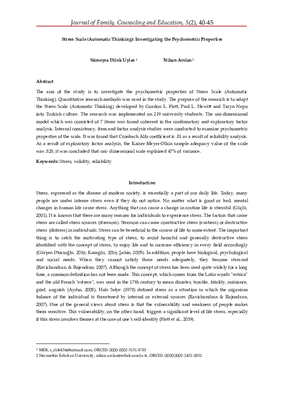 (PDF) Stress Scale (Automatic Thinking): Investigating the Psychometric ...