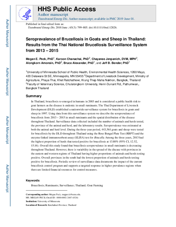(PDF) Seroprevalence of brucellosis in goats and sheep in Thailand ...