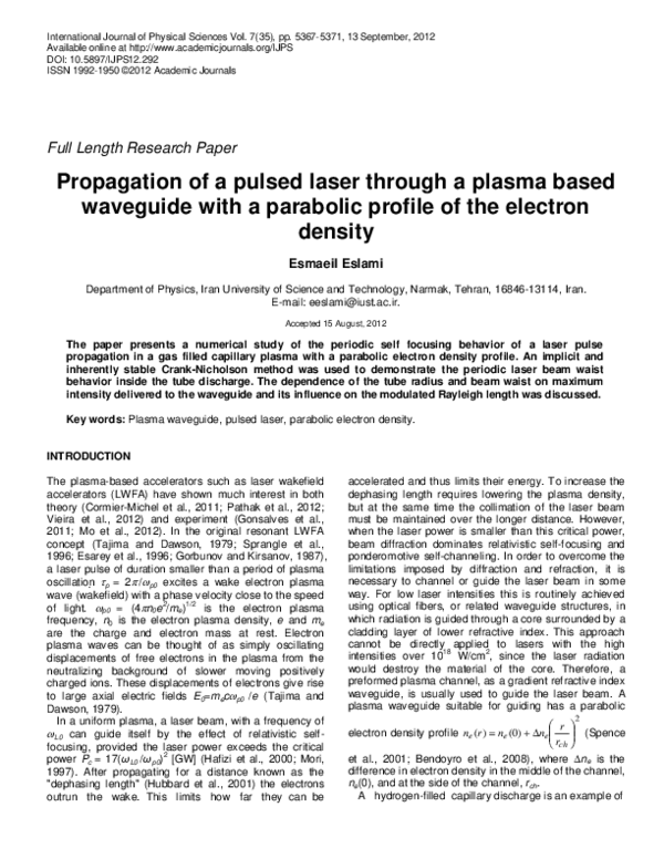 (PDF) Propagation of a pulsed laser through a plasma based waveguide ...
