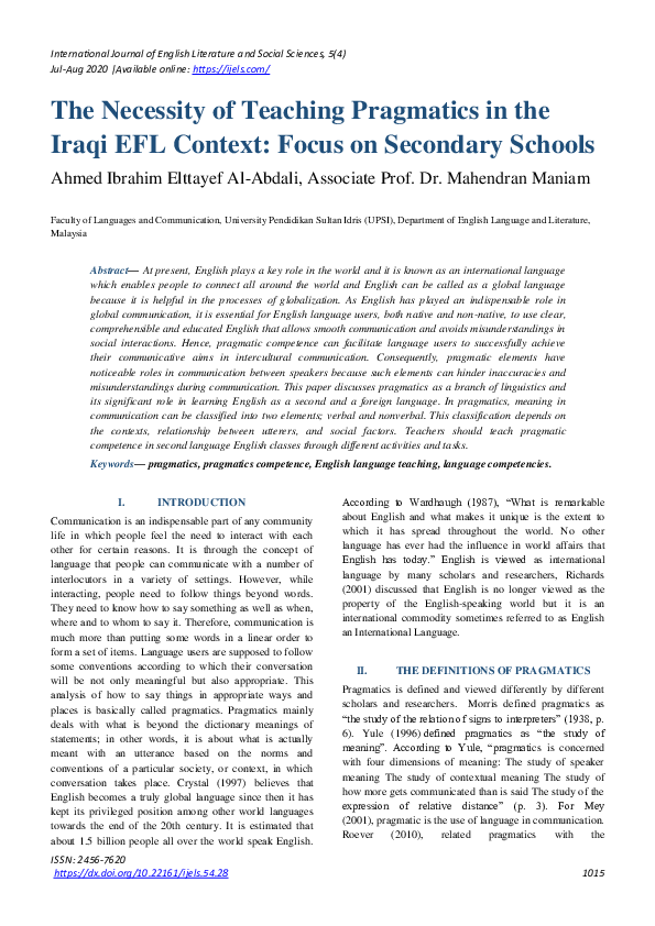 (PDF) The Necessity of Teaching Pragmatics in the Iraqi EFL Context ...