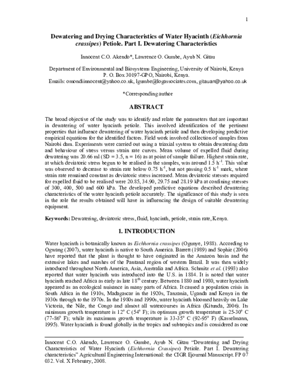 (PDF) Dewatering and Drying Characteristics of Water Hyacinth ...