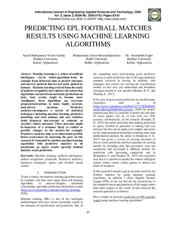 (PDF) Predicting Epl Football Matches Results Using Machine Learning ...