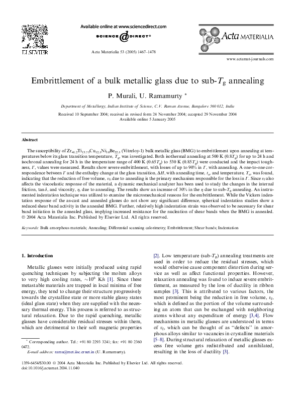 (PDF) Embrittlement of a bulk metallic glass due to sub- annealing