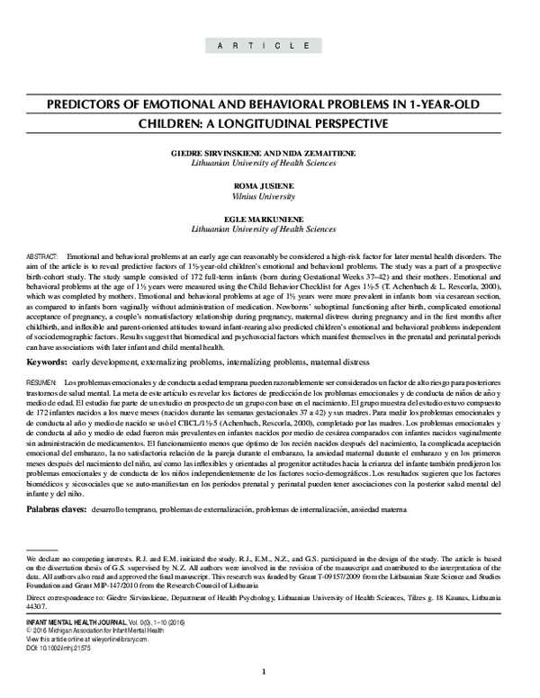 (PDF) Predictors of Emotional and Behavioral Problems in 1-YEAR-OLD ...