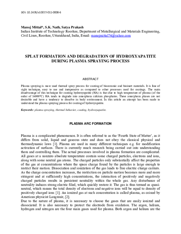 (PDF) Splat formation and degradation of hydroxyapatite during plasma ...