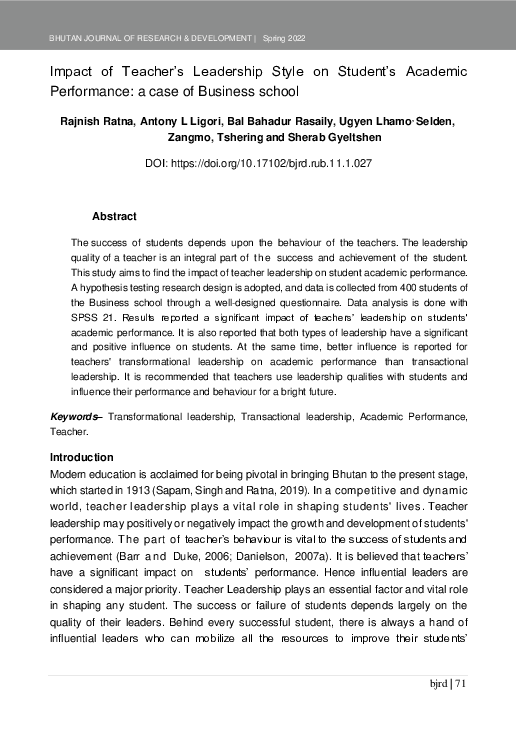 (PDF) Impact of Teacher’s Leadership Style on Student’s Academic ...