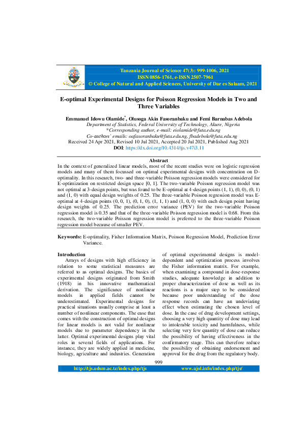 (PDF) E-optimal Experimental Designs for Poisson Regression Models in ...