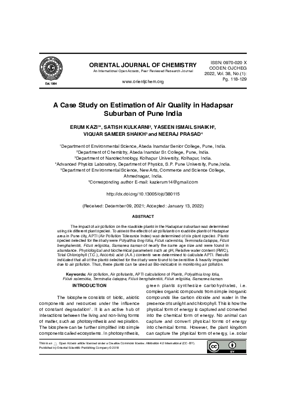 (PDF) A Case Study on Estimation of Air Quality in Hadapsar Suburban of Pune India Viquar