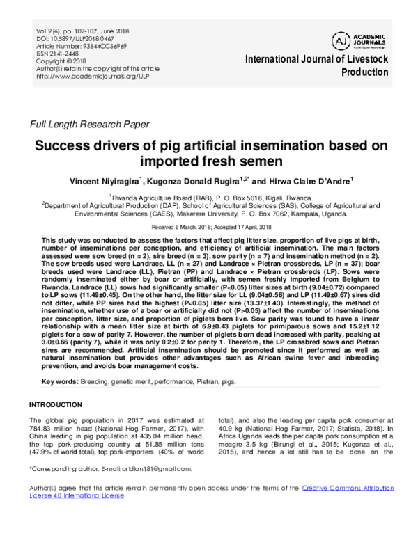 Success drivers of pig artificial insemination based on imported fresh semen