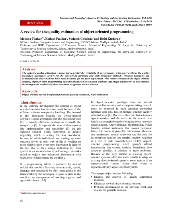 (PDF) A review for the quality estimation of object oriented programming