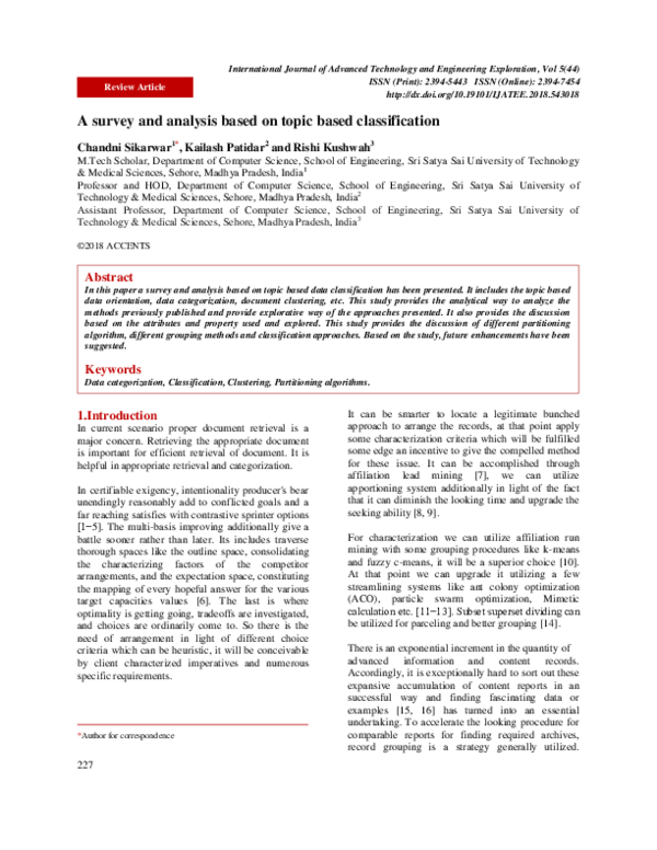 (PDF) A survey and analysis based on topic based classification