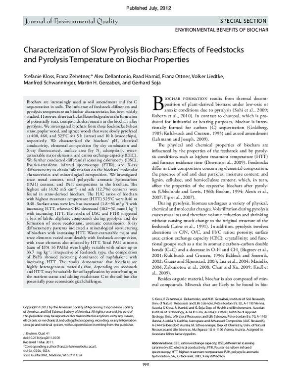 (PDF) Characterization of Slow Pyrolysis Biochars: Effects of ...