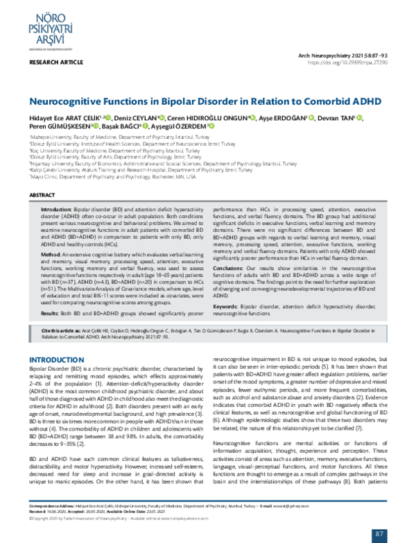 (PDF) Neurocognitive Functions in Individuals with Bipolar Disorder And ...