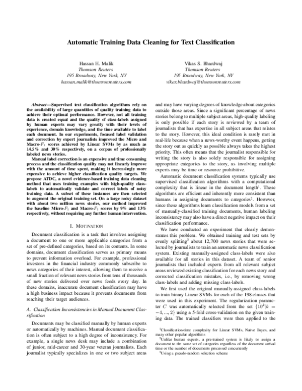 (PDF) Automatic Training Data Cleaning for Text Classification