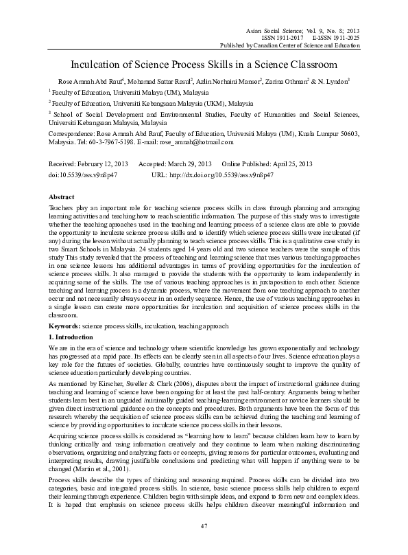 (PDF) Inculcation of Science Process Skills in a Science Classroom