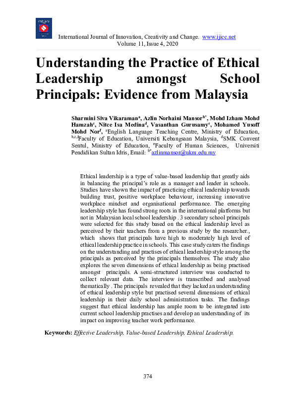 (PDF) Understanding the Practice of Ethical Leadership Among School ...