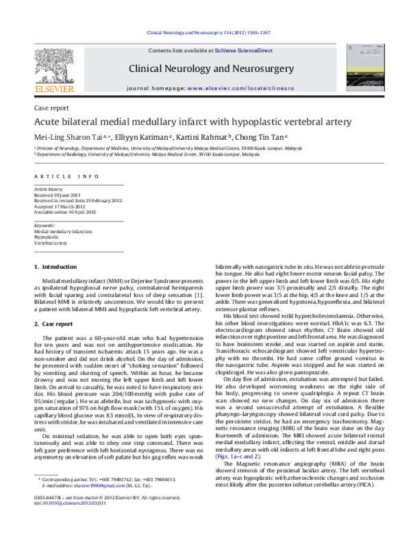(PDF) Acute bilateral medial medullary infarct with hypoplastic ...
