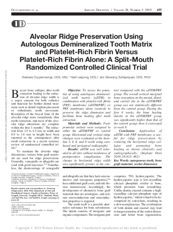 (PDF) Alveolar Ridge Preservation Using Autologous Demineralized Tooth ...