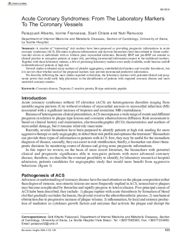 (PDF) Acute Coronary Syndromes: From the Laboratory Markers to the ...