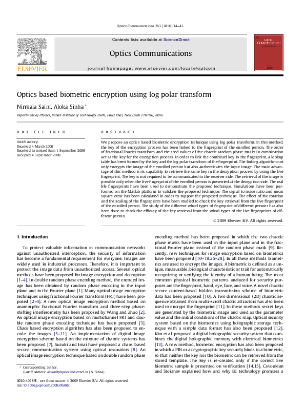 (PDF) Optics based biometric encryption using log polar transform