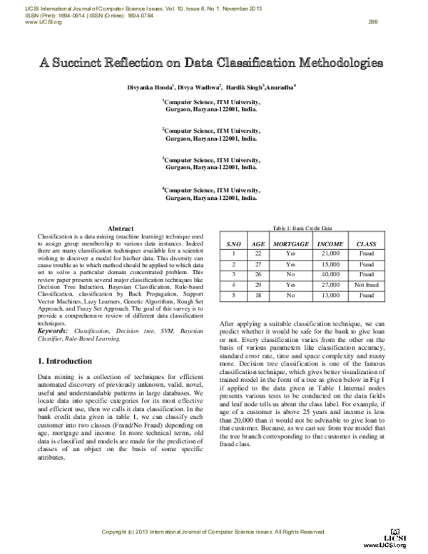 (PDF) A Succinct Reflection on Data Classification Methodologies