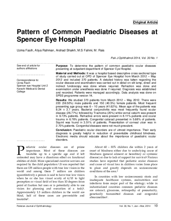 (PDF) Pattern of Common Paediatric Diseases at Spencer Eye Hospital