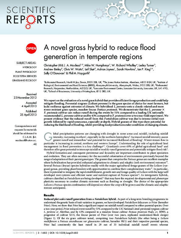 (PDF) A novel grass hybrid to reduce flood generation in temperate regions