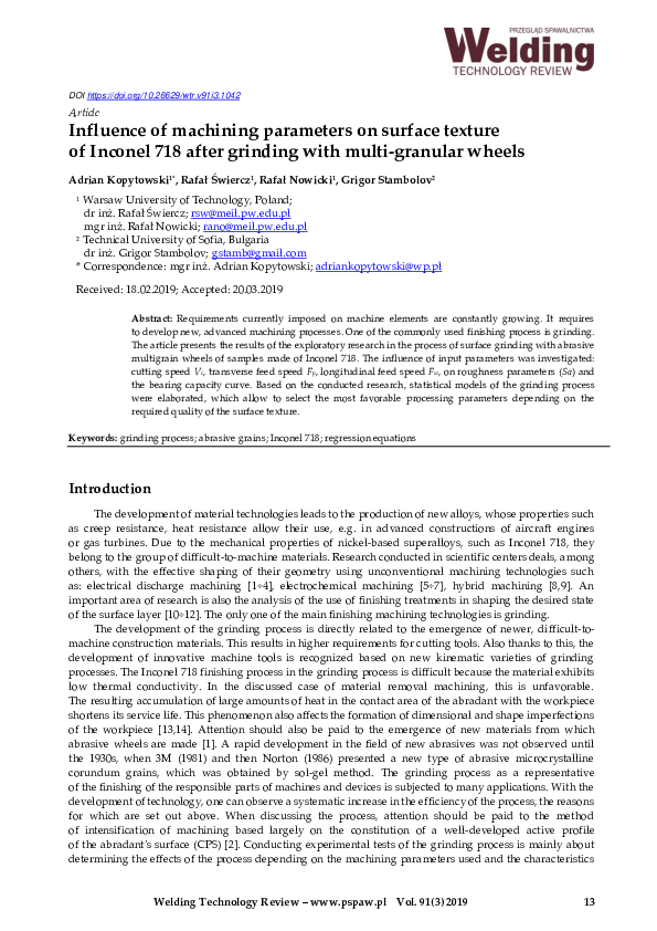 (PDF) Influence of machining parameters on surface texture of Inconel ...