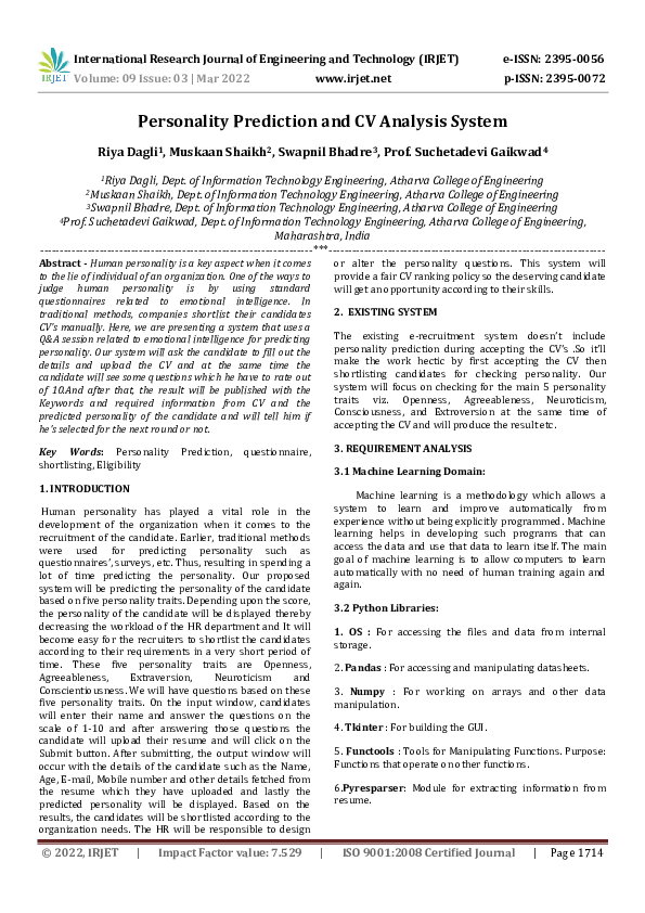 Pdf Personality Prediction And Cv Analysis System