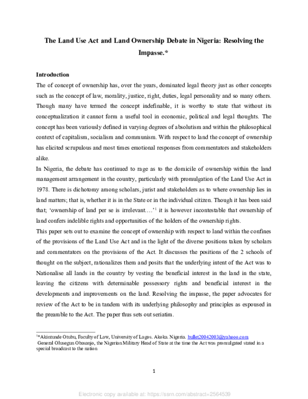 (PDF) The Land Use Act and Land Ownership Debate in Nigeria Resolving