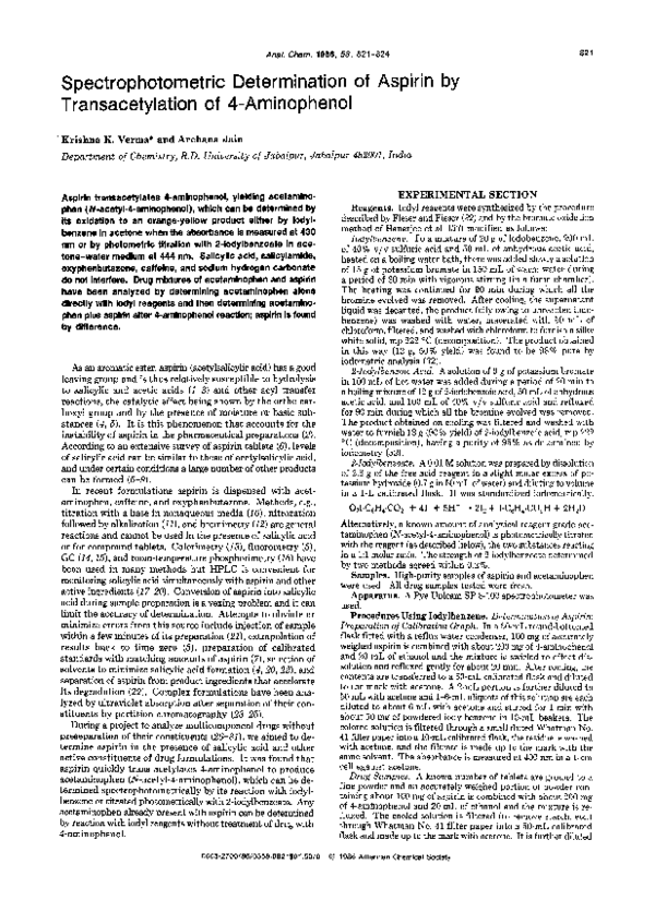 (PDF) Spectrophotometric determination of aspirin by trans acetylation