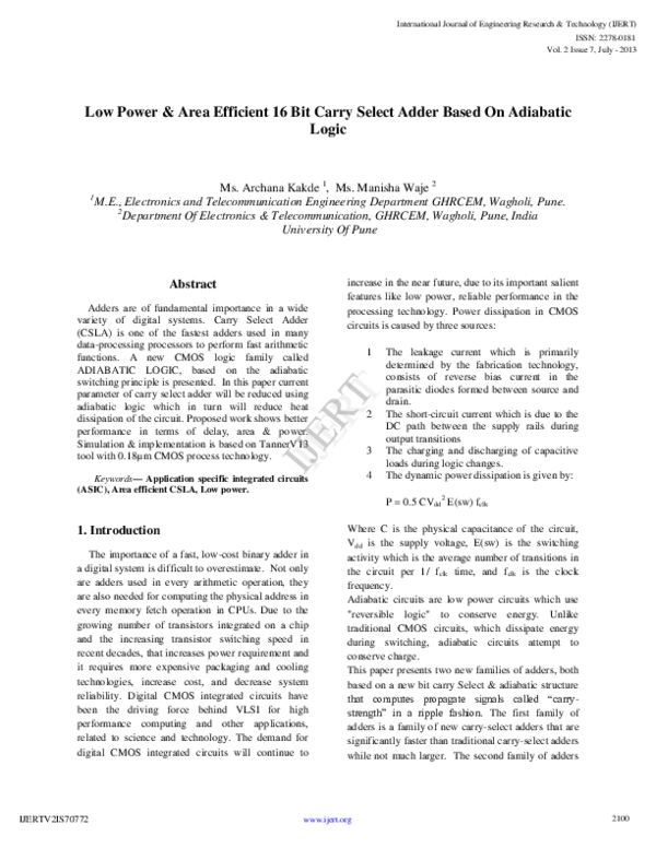 (PDF) Low Power & Area Efficient 16 Bit Carry Select Adder Based On ...