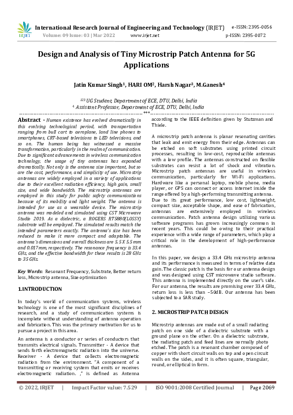 (PDF) Design and Analysis of Tiny Microstrip Patch Antenna for 5G ...